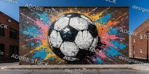 Graffiti Mural Of A Soccer Ball With Colorful Paint Splatters On A Brick Wall In Urban Alleyway