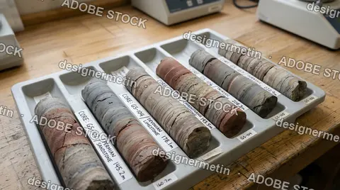 Labeled Geological Core Samples Of Sandstone Limestone In Tray On Laboratory Table For Scientific Analysis