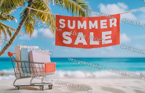 Summer Sale Red Banner With Shopping Cart Full Of Boxes On Tropical Beach With Palm Trees Background