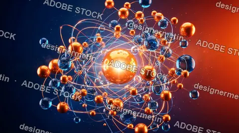 Abstract Visualization Of Molecular Structure With Glowing Particles And Connected Orbits Representing Advanced Physics And Chemical Research.