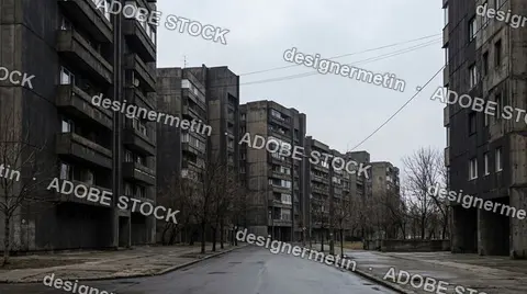 Gloomy Brutalist Architecture In Eastern Europe With Tall Concrete Residential Buildings On A Rainy Gray Winter Day