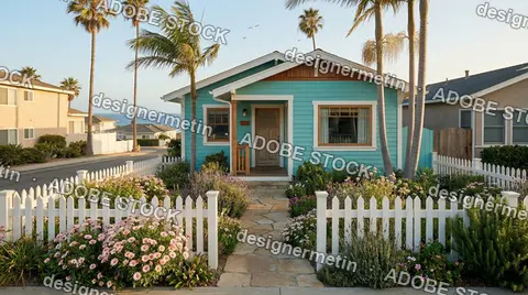 Teal Colored Beach Cottage House With White Picket Fence And Flowering Garden Overlooking The Blue Ocean Water