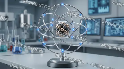 Atomic Model Sculpture With Glowing Blue Electrons On A Desk In A Modern High Technology Research Laboratory