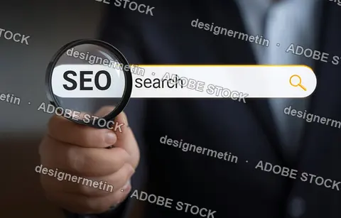 Businessman In Suit Holding Magnifying Glass Over Search Bar With Seo Word For Engine Optimization And Marketing