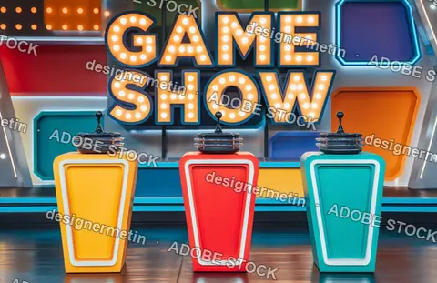 Bright Colorful Game Show Studio Set With Three Buzzer Podiums And Neon Illuminated Sign For Television Production