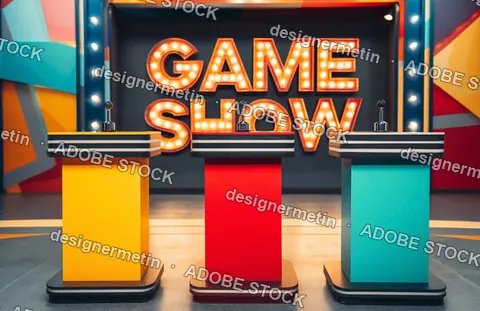 Bright Studio Stage For Television Game Show With Three Colorful Contestant Podiums And Large Glowing Light Sign