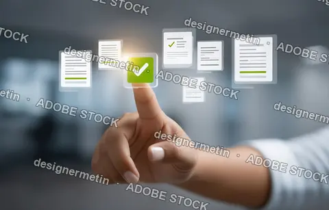 Person Finger Pressing Digital Check Mark Icon For Document Verification And Electronic File Management In Office Setting