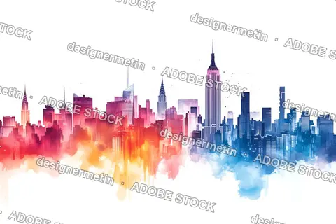 Watercolor Illustration Of New York City Usa Cityscape Featuring Iconic Architecture And Waterfront Reflections In Colorful Artistic