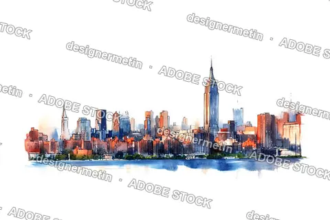 Watercolor Illustration Of New York City Usa City Skyline With Vibrant Tones And Mirrored Reflections Across Peaceful