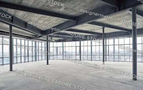 Spacious Empty Interior Of A Modern Office Building Under Construction With Steel Beams And Large Glass Windows