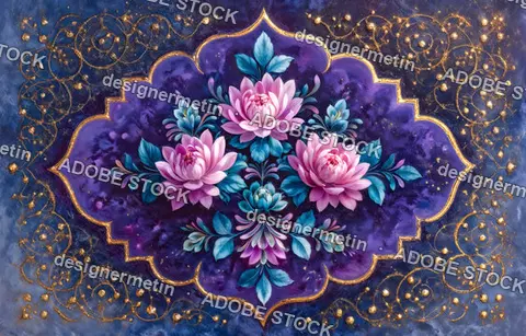 Elegant Pink Flower Arrangement With Blue Foliage Inside Ornate Golden Frame On Dark Purple Mystical Textured Background
