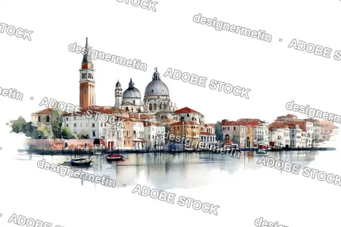 Watercolor Illustration Of Historic Canal City With Classical Architecture Boats And Reflections Capturing Romantic European Travel Atmosphere