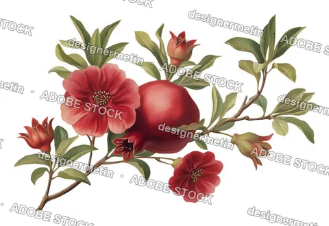 Vintage Botanical Illustration Of Pomegranate Branch With Blossoms And Fruit Detailed Natural Composition Isolated Transparent Background, Png