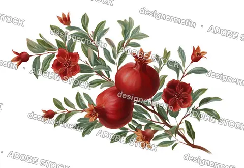 Elegant Pomegranate Composition With Multiple Fruits And Blossoms In Refined Vintage Botanical Style Isolated Transparent Background, Png