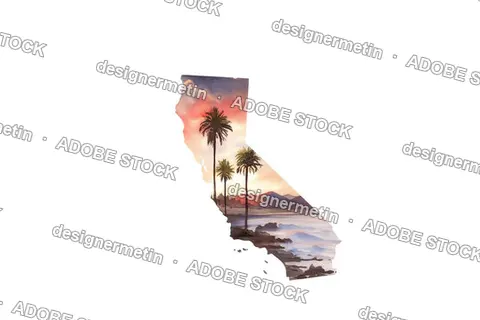 California State Silhouette Filled With Coastal Sunset Scenery And Palm Trees Watercolor Artwork Isolated Transparent Background, Png