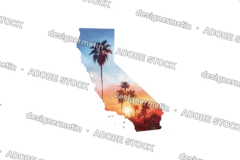 Minimal California Outline Featuring Pastel Sunset Tones And Tall Palm Silhouettes In Artistic Watercolor Style Isolated Transparent Background, Png