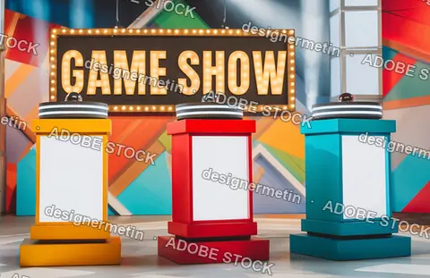 Bright Game Show Studio Set With Three Colorful Podiums And Illuminated Sign Stage Entertainment Concept