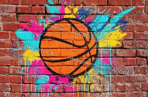 Urban Street Art Basketball Graffiti On Brick Wall With Vibrant Paint Splashes And Creative Expression