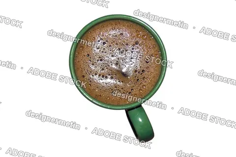 Top View Hot Coffee In Green Ceramic Mug With Rich Crema Foam Isolated Transparent Background, Png