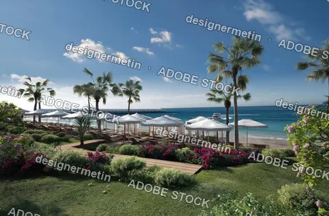Seaside Lounge Area With White Umbrellas Palm Trees And Wooden Deck Overlooking Turquoise Ocean Ideal Luxury Vacation Setting