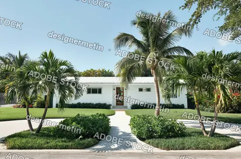 Single Story Tropical House With Palm Trees And Clean White Facade Surrounded By Lush Garden And Curved Walkway Landscape