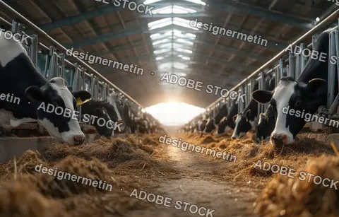 Modern Dairy Farm Interior With Cows Feeding On Hay Inside Large Barn Under Soft Morning Light
