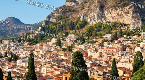 Sunny Coastal Town With Layered Houses And Lush Trees Set Against Rocky Hills And Warm Mediterranean Atmosphere