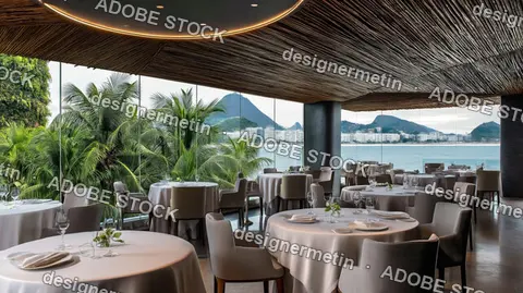Upscale Restaurant With Tropical View And Elegant Table Settings Offering Premium Dining Atmosphere By Coastal Landscape