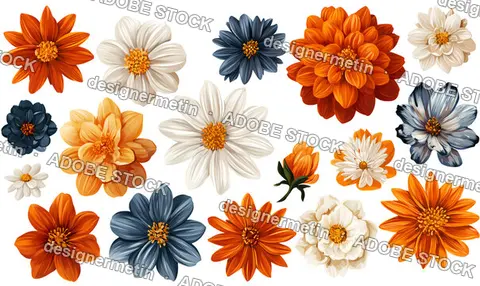 Vibrant Floral Elements Collection With Orange, Blue And White Blossoms Detailed Illustration Isolated Transparent Background, Png