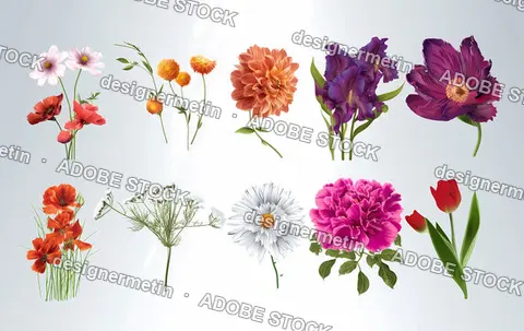 Collection Of Colorful Flowers Isolated On Light Background Featuring Various Botanical Species With Detailed Petals And Vibrant Natural Forms
