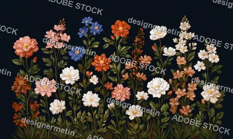 Decorative Floral Composition With Colorful Blooming Flowers On Dark Background Creating Elegant Botanical Design With Detailed Natural Elements