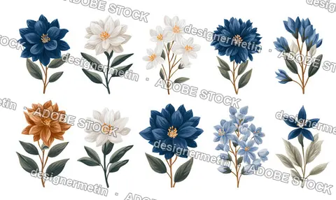 Blue And White Botanical Floral Elements Set With Elegant Blossoms Detailed Illustration Isolated Transparent Background, Png