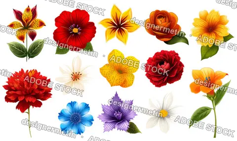 Bright Colorful Floral Elements Set With Red Yellow And White Blossoms Detailed Illustration Isolated Transparent Background, Png
