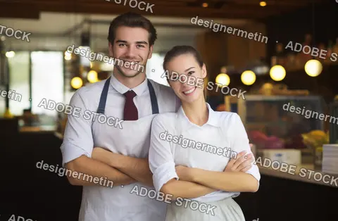Confident Young Male And Female Business Partners Standing In Their Small Modern Cafe With Arms Crossed Smiling