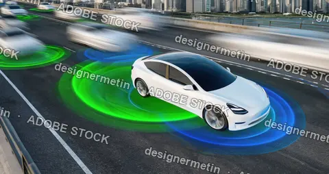 Autonomous Self-Driving Electric Car With Sensor Detection System Navigating Busy Urban Highway Traffic