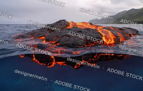 Molten Lava Rock Glowing With Fire Emerging From Ocean Surface Split Underwater View With Mountains