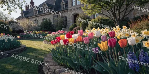 Professionally Landscaped Spring Garden With Colorful Tulips Daffodils And Hyacinths Beside Stone Mansion