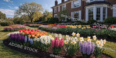 Colorful Spring Garden With Blooming Flowers Arranged In Elegant Landscape Design Surrounding Classic Brick House Exterior Scene
