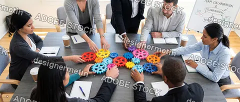 Diverse Business Team Assembling Colorful Interlocking Gears Together On Conference Table During Workshop
