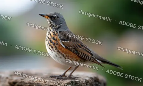 Close Up Of A Fieldfare Bird Perched On A Wooden Log In Nature With Blurred Green Background