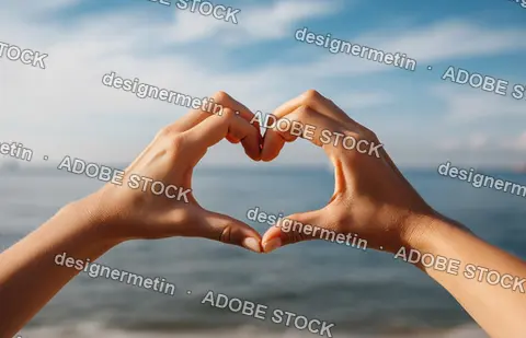 Hands Forming Heart Shape Against Calm Sea Horizon In Bright Daylight Representing Love Emotion Connection And Serenity