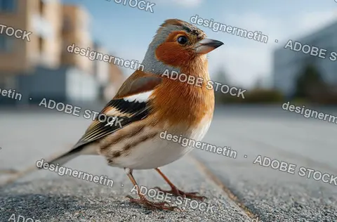 Small Colorful Bird Standing On Pavement In Urban Environment With Detailed Feathers And Soft Background Bokeh City Scene
