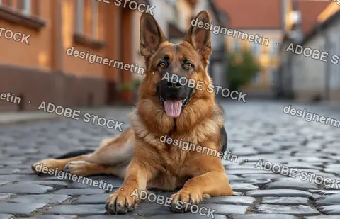 German Shepherd Dog Lying On Cobblestone Street In Warm Evening Light With Urban Background And Soft Depth