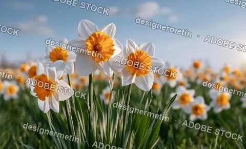 Bright Spring Daffodils Blooming In Sunlit Field Creating Fresh Seasonal Landscape With Vibrant Colors And Natural Beauty Outdoors