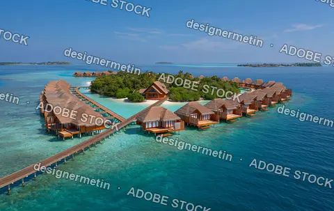 Tropical Overwater Bungalows Connected By Wooden Walkways Surrounded By Turquoise Ocean Creating Luxury Island Resort Vacation Destination Paradise