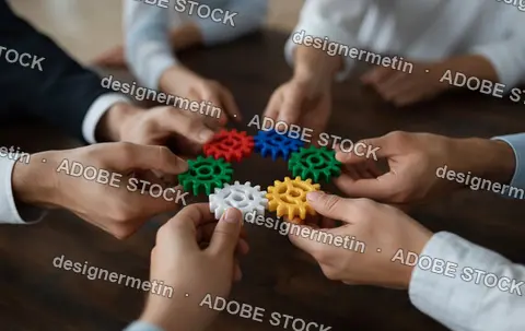 Hands Connecting Colorful Gears In Circular Formation Symbolizing Strong Team Collaboration Partnership Innovation And Business Problem Solving Concept