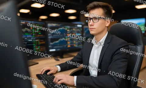 Young Financial Analyst Monitoring Stock Market Data On Multiple Screens Demonstrating Trading Strategy Technology And Investment Decision Making Process