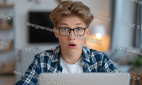 Surprised Teenager Looking At Laptop Screen Expressing Shock Amazement And Emotional Reaction To Online Content In Home Environment