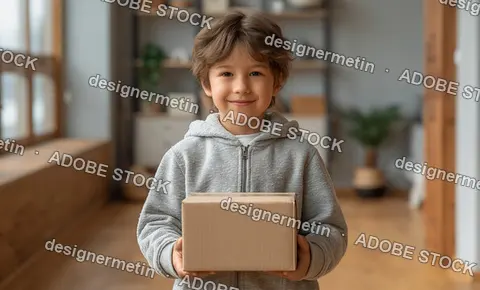 Happy Child Holding Cardboard Package Indoors Representing Delivery Service Online Shopping And Excitement Of Receiving New Parcel At Home