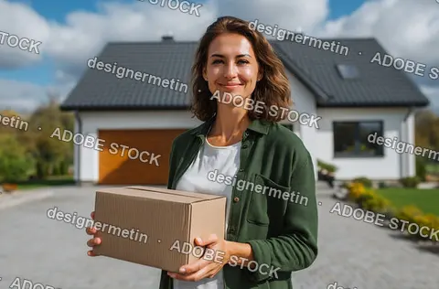 Smiling Woman Holding Delivery Box In Front Of Modern House Representing E Commerce Shipping Service And Residential Lifestyle Convenience